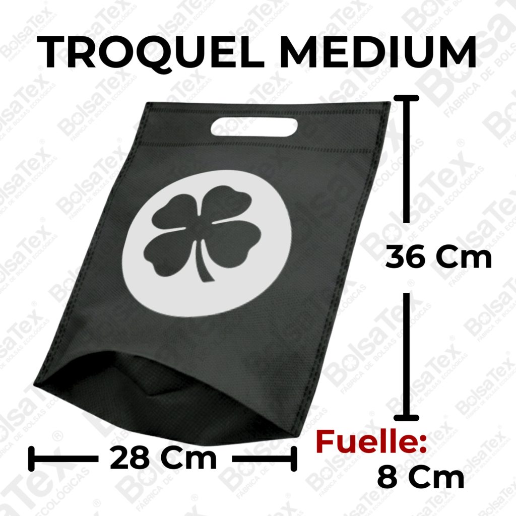 Bolsa troquelada medium con fuelle en cambrel personalizada color negro.