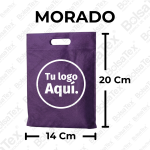 Bolsa troquel mini ecológica en cambrel color morado de 14 x 20 cm personalizable con logo empresarial.
