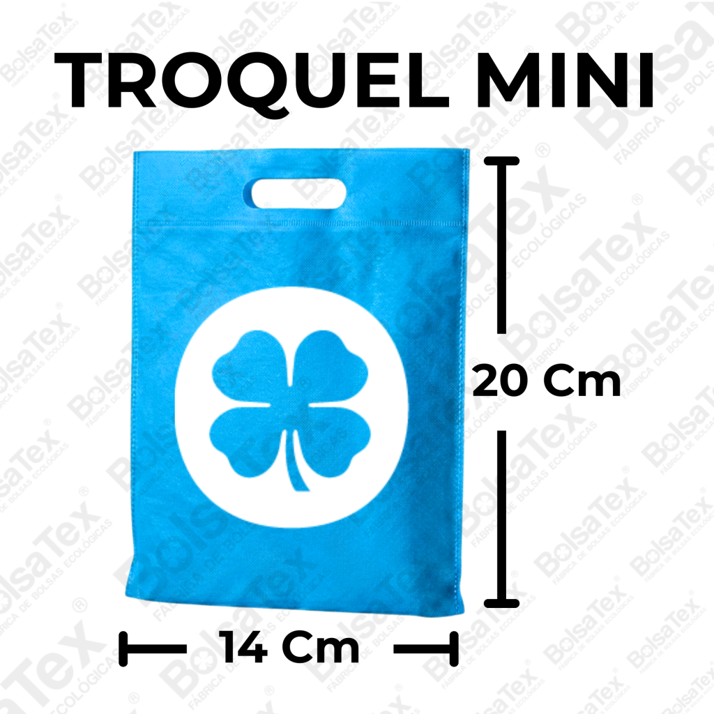 Bolsa troquel mini ecológica en tela cambrel de 14 x 20 cm personalizable con logo empresarial y disponible en varios colores.