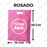 Bolsa troquel mini ecológica en cambrel color rosado de 14 x 20 cm personalizable con logo empresarial.